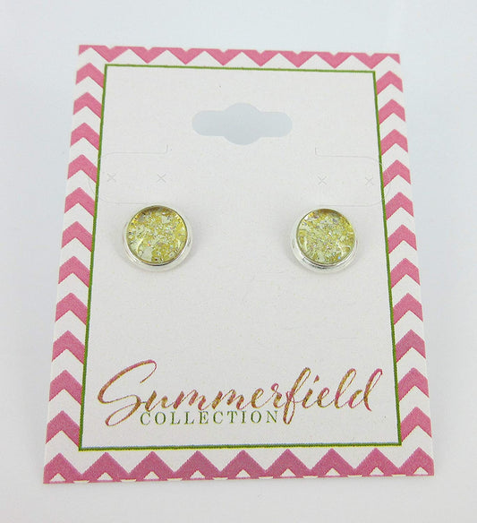 Silver-tone Yellow Gold Glitter Glass Stud Earrings Hand-painted 8mm