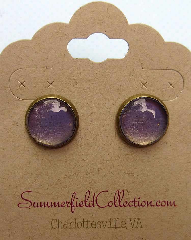 Antiqued Gold-tone Metallic Purple Color Shifting Glass Stud Earrings Hand-painted 12mm