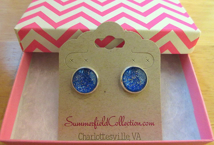 Silver-tone Cobalt Blue Holographic Glitter Glass Stud Earrings Hand-painted 12mm