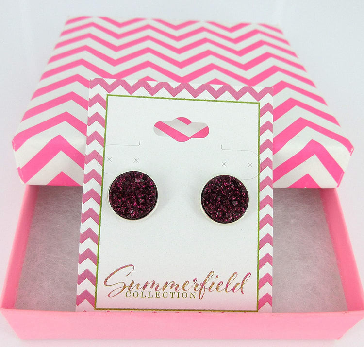 Silver-tone Maroon with Pink Glitter Faux Druzy Stone Stud Earrings (12mm)