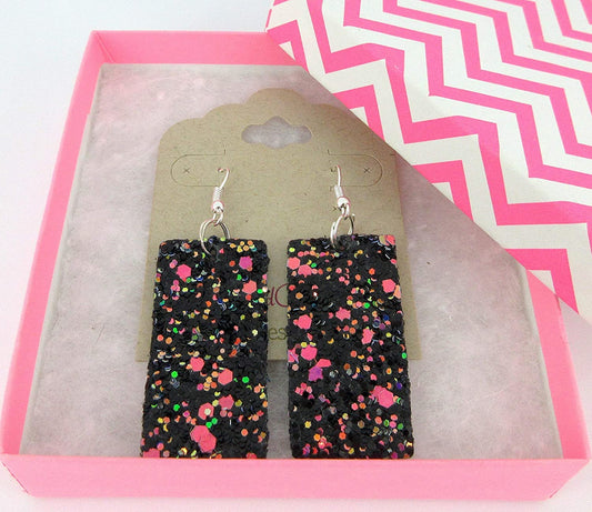 Black and Rainbow Glitter Faux Leather Large Rectangle Dangle Earrings