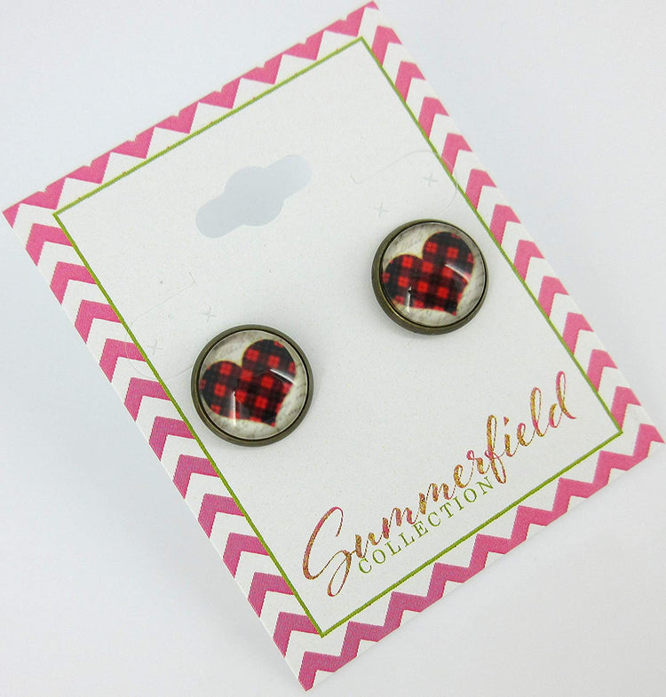 Antiqued Gold-tone Buffalo Plaid Heart Print Glass Stud Earrings 12mm