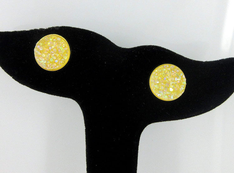 Yellow Gold-tone AB Faux Druzy Stone Stud Earrings 12mm