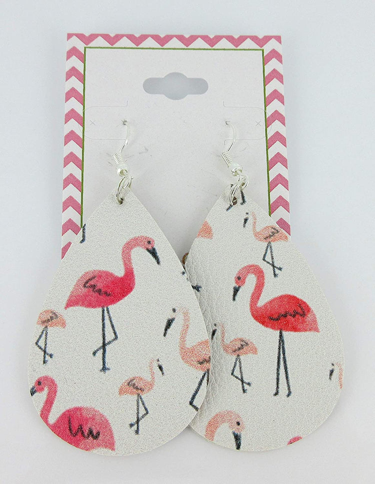 White and Pink Flamingo Faux Leather Large Teardrop Dangle Earrings