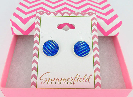 Silver-tone Royal Blue Frosted Metallic Rainbow Stud Earrings 12mm