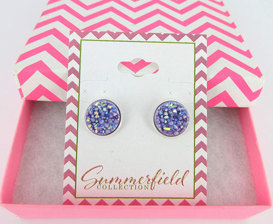 Silver-tone Lavender Purple AB Faux Druzy Stone Stud Earrings 12mm
