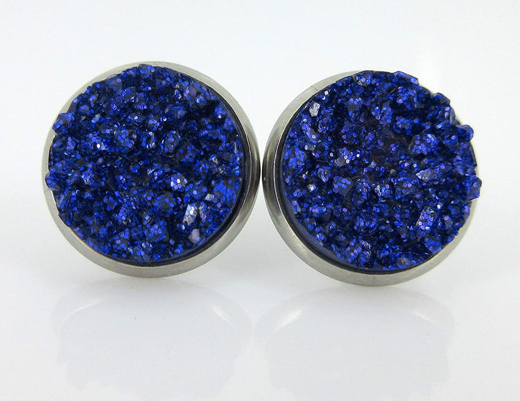 Duo Stainless Steel Glitter Faux Druzy Stone Stud Earrings Set