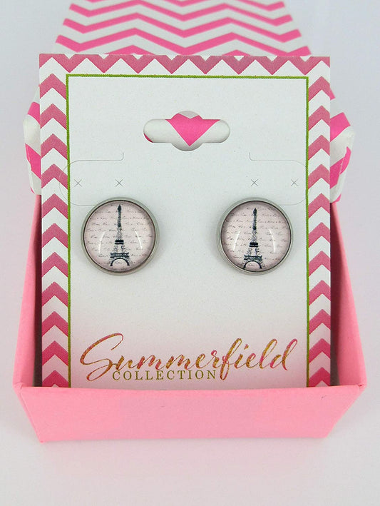 Stainless Steel Eiffel Tower Print Glass Stud Earrings 12mm Pink Black