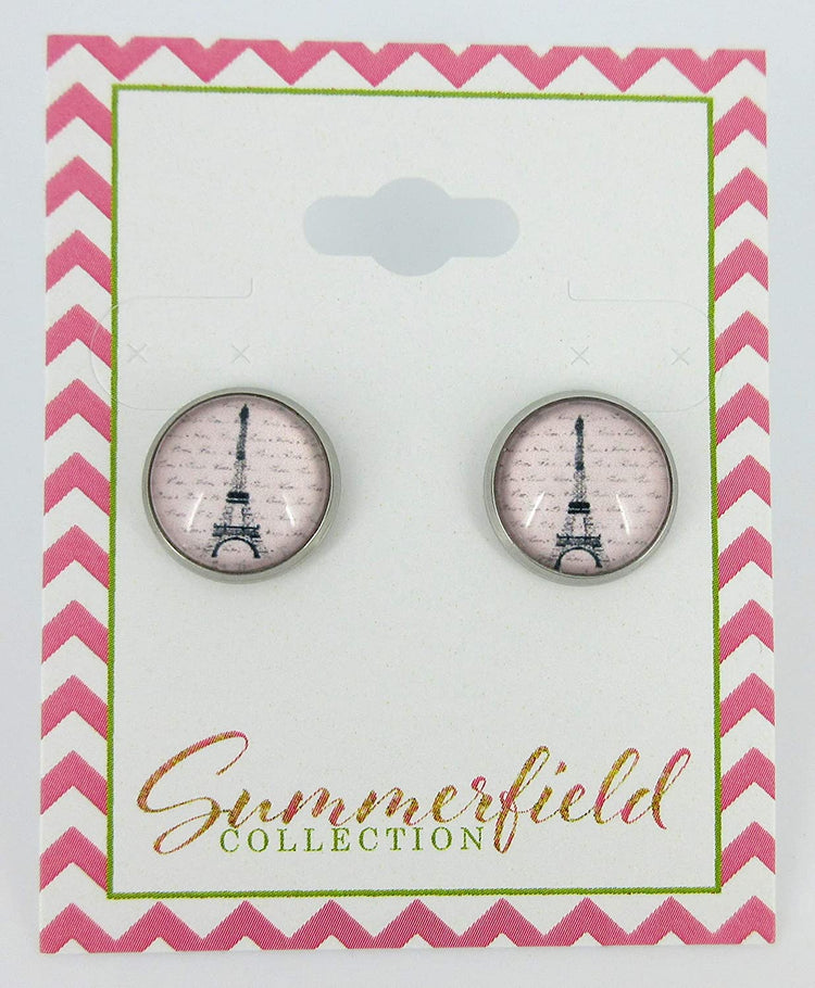 Stainless Steel Eiffel Tower Print Glass Stud Earrings 12mm Pink Black