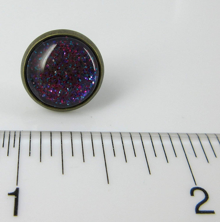 Antiqued Gold-tone Blue Purple Pink Glitter Glass Stud Earrings Hand-painted