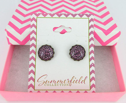 Antiqued Gold-tone Pink Purple Animal Print Glass Stud Earrings 12mm