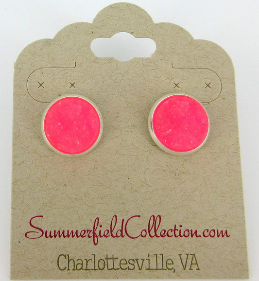 Silver-tone Neon Pink Faux Druzy Stone Stud Earrings 12mm