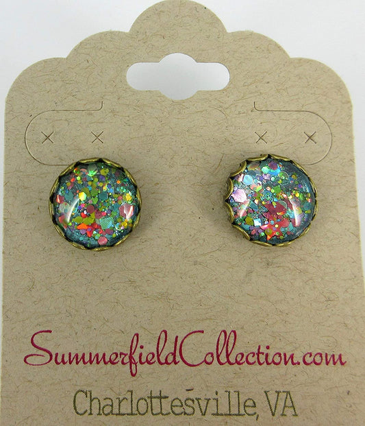 Antiqued Gold-tone Aqua Blue and Pink Glitter Glass Stud Earrings Hand-painted 12mm