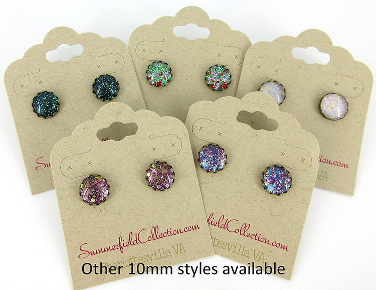 Antiqued Gold-tone Green Purple Red Glitter Glass Stud Earrings Hand-painted 10mm