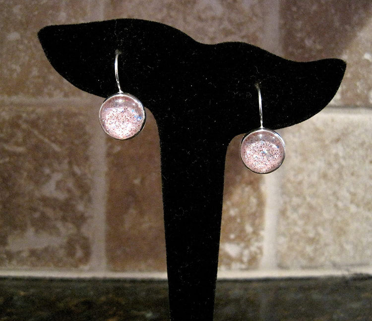 Silver-tone Pink Glitter Glass Galaxy Drop Earrings Leverback Hand-painted