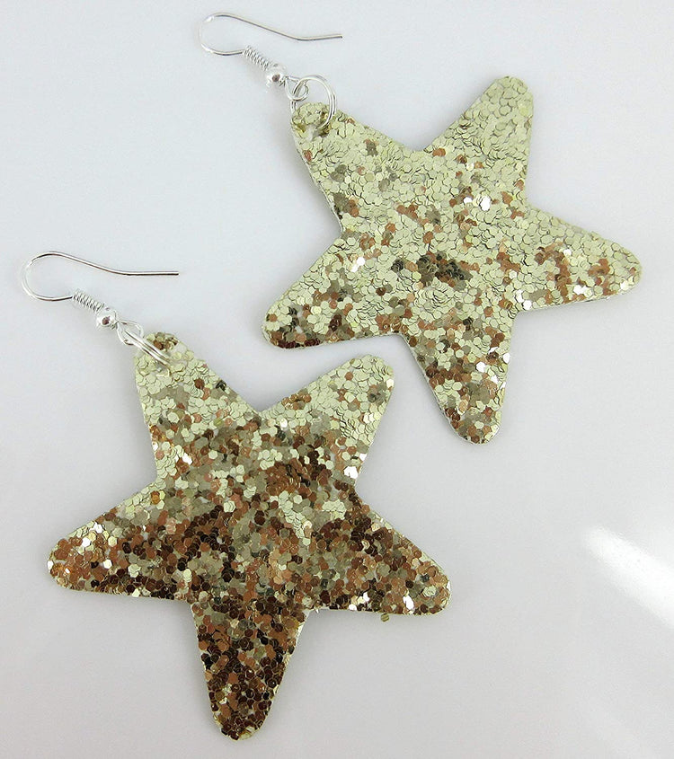 Gold Glitter Faux Leather Large Star Dangle Earrings