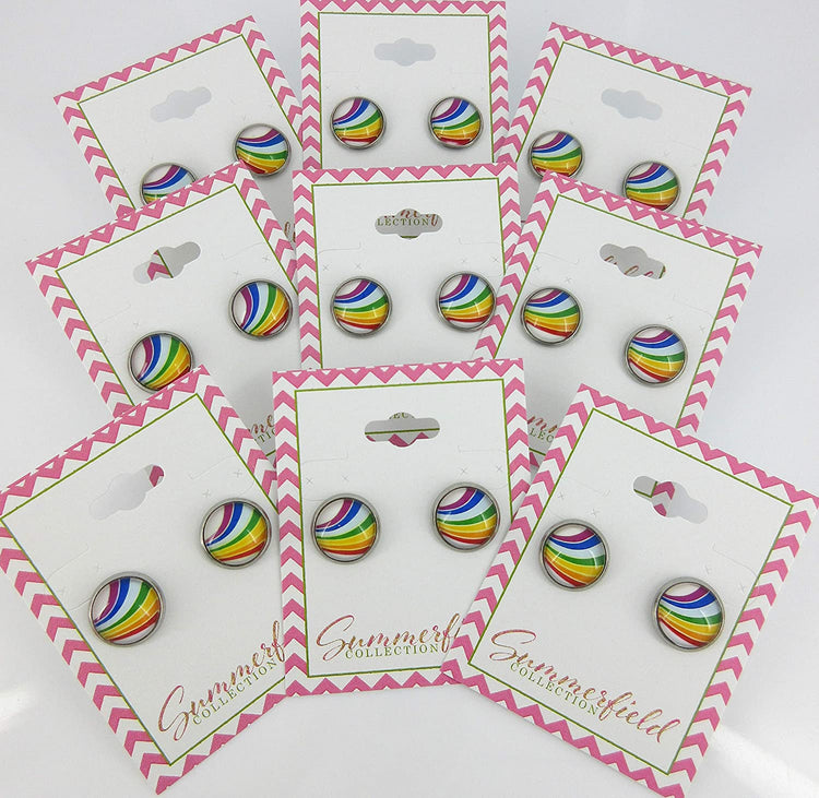 Stainless Steel Vintage Rainbow Stripe Print Glass Stud Earrings 12mm