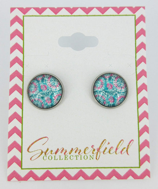 Stainless Steel Aqua Blue Pink Green Tie Dye Print Glass Stud Earrings 12mm
