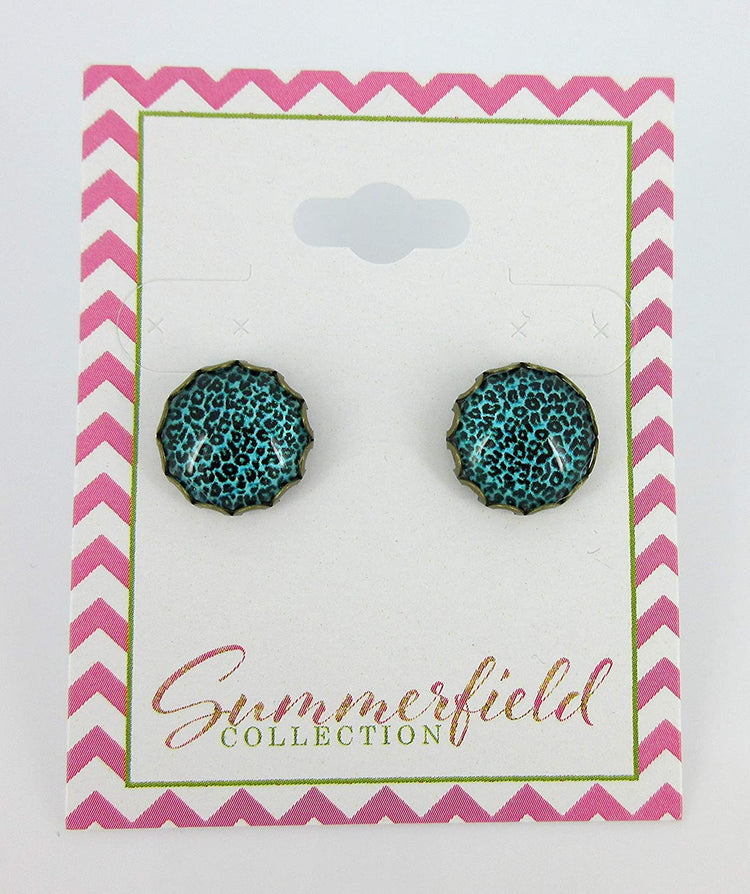 Antiqued Gold-tone Aqua Blue Animal Print Glass Stud Earrings 12mm