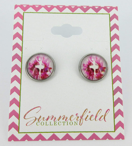 Stainless Steel Pink and White Ballet Dancer Printed Glass Stud Earrings 12mm