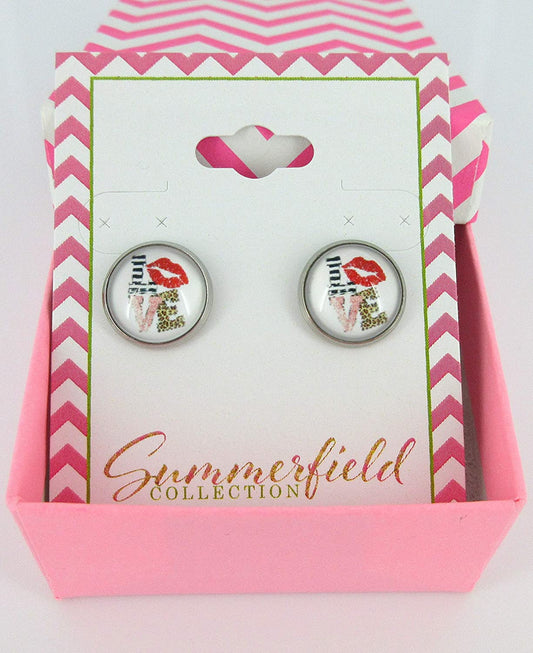 Stainless Steel Love Print Glass Stud Earrings 12mm White Animal Red Lips