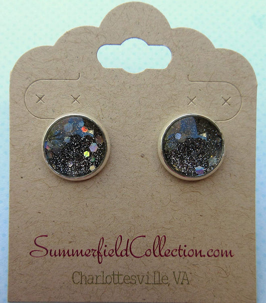 Silver-tone Black Holographic Glitter Glass Galaxy Stud Earrings Hand-painted 12mm
