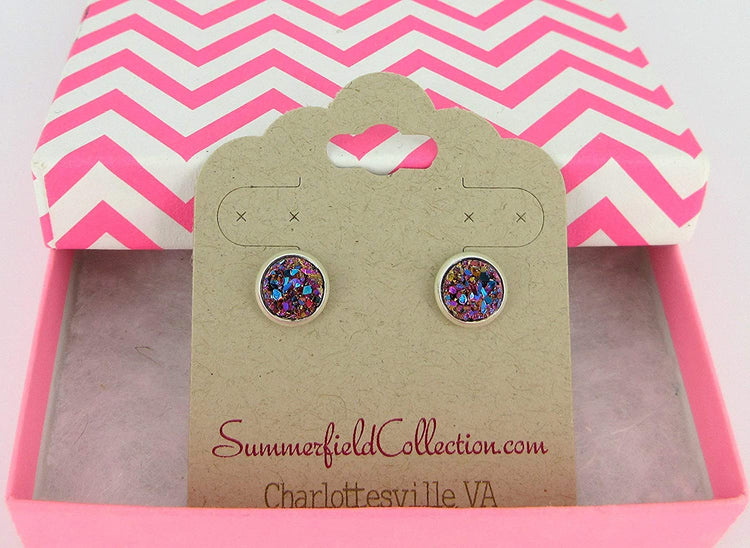 Silver-tone Pink and Teal Faux Druzy Stone Stud Earrings 8mm