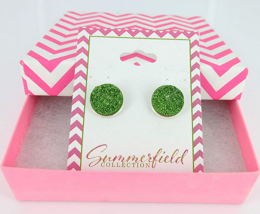Silver-tone Spring Green Glitter Faux Druzy Stone Stud Earrings 12mm