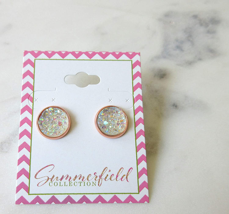Rose Gold-tone Clear AB Faux Druzy Stone Stud Earrings 12mm