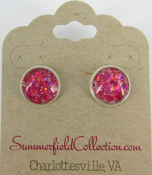 Silver-tone Hot Pink and Pearly White Glitter Glass Stud Earrings Hand-painted 12mm