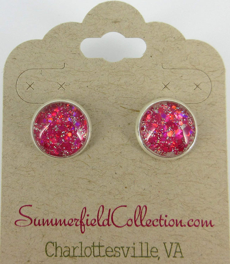 Silver-tone Hot Pink and Pearly White Glitter Glass Stud Earrings Hand-painted 12mm
