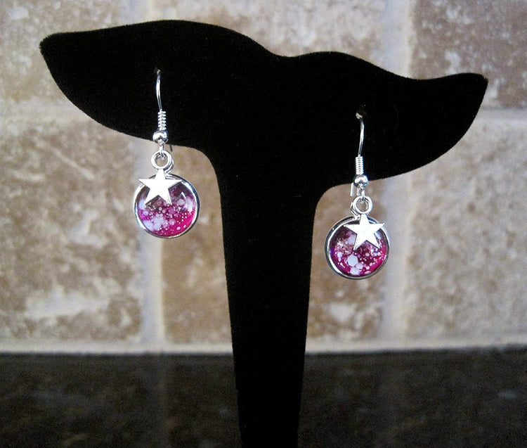 Silver-tone Magenta Pink and White Glitter Glass Star Galaxy Dangle Earrings
