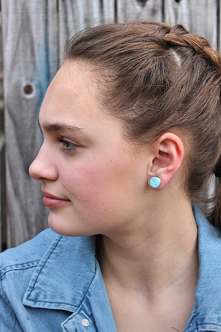 Silver-tone Faux Druzy Stone Stud Earrings 10mm (Lt Aqua Blue)