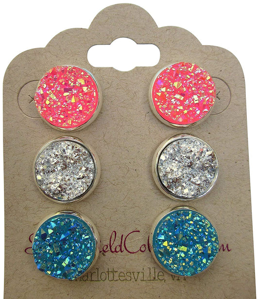 Trio Silver-tone Stud Earrings Pink Blue Faux Druzy Stone Set 12mm