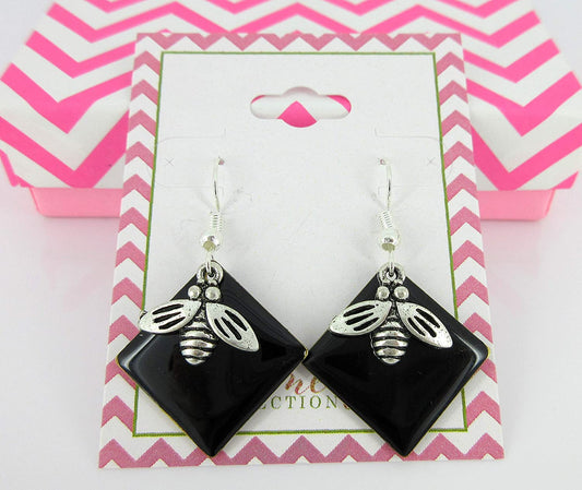 Silver-tone Black Enamel Fly Charm Dangle Earrings