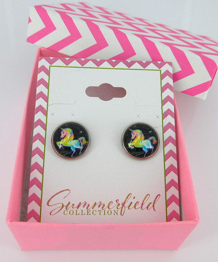 Stainless Steel Rainbow Unicorn Black Print Glass Stud Earrings 12mm
