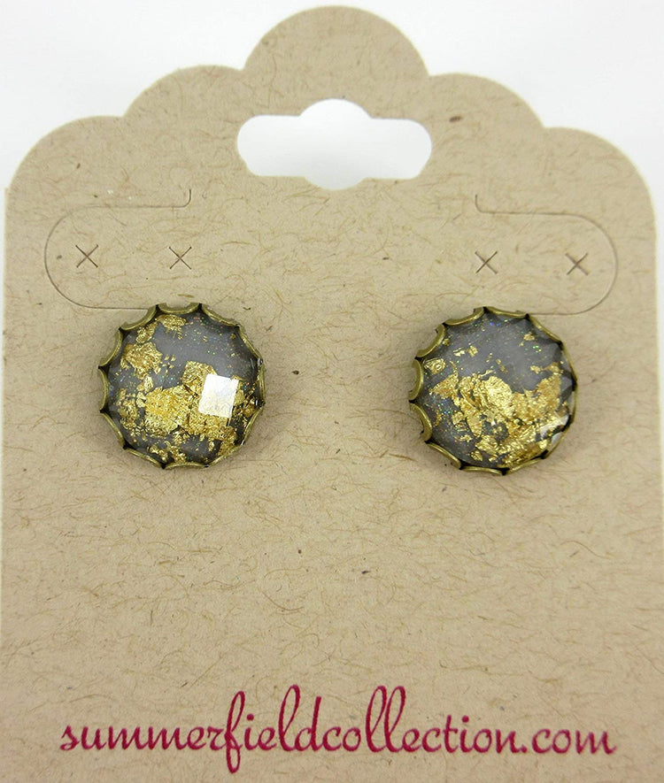 Antiqued Gold-tone Gray Faceted Resin Leaf Foil Stud Earrings 12mm