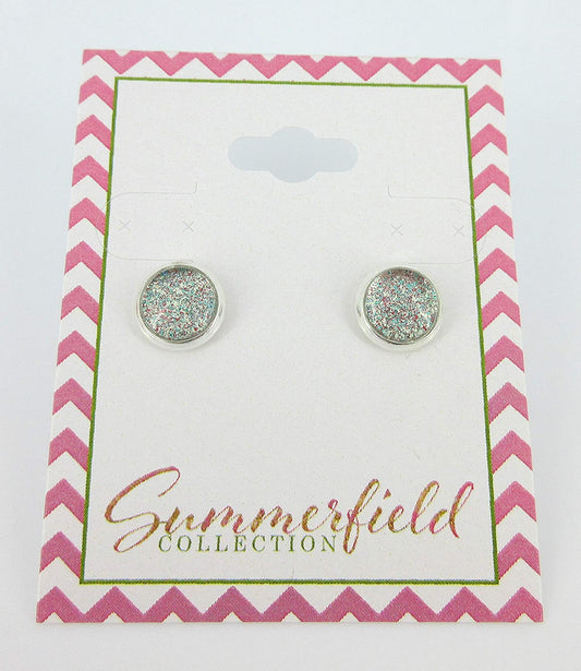 Silver-tone Aqua Blue and Red and Holographic Glitter Glass Stud Earrings Hand-painted 8mm