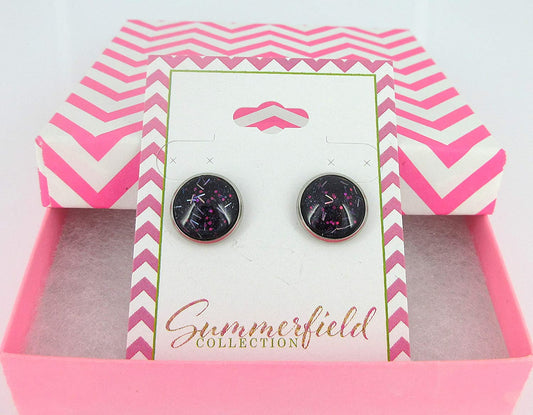Stainless Steel Navy Blue and Pink Glitter Glass Stud Earrings Hand-painted 12mm
