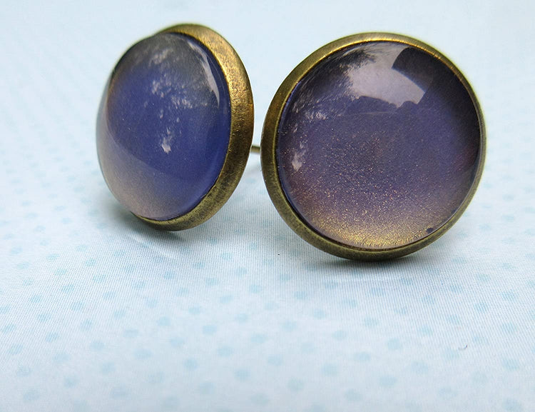 Antiqued Gold-tone Metallic Purple Color Shifting Glass Stud Earrings Hand-painted 12mm