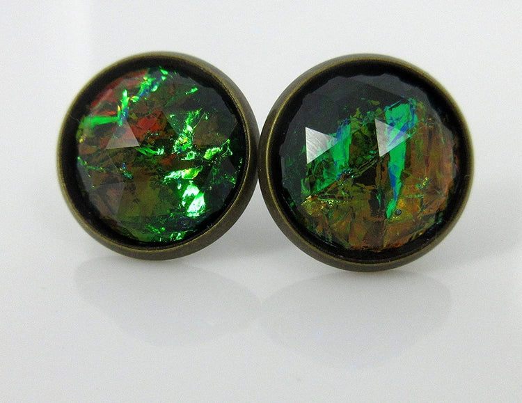 Antiqued Gold-tone Black Faceted Resin Opalescent Stud Earrings 12mm