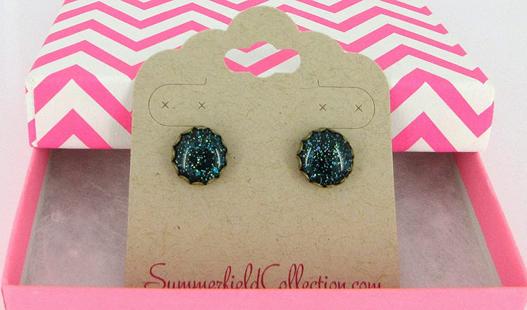 Antiqued Gold-tone Dark Teal Green Glitter Glass Stud Earrings Hand-painted 10mm