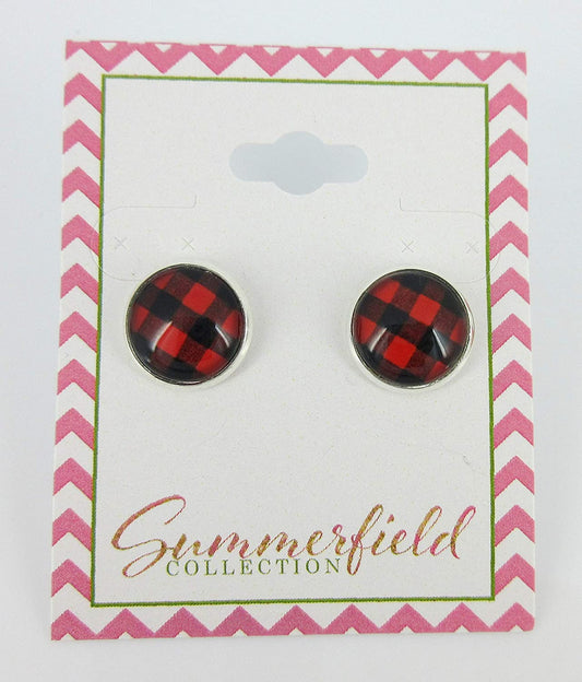 Silver-tone Black and Red Buffalo Plaid Print Glass Stud Earrings 12mm