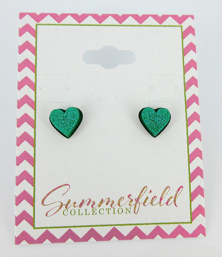 Stainless Steel Teal Blue Green Glitter Acrylic Heart Stud Earrings 8mm