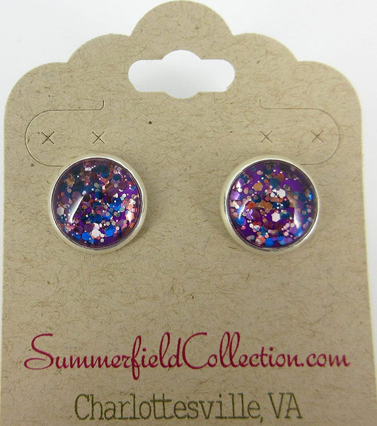 Silver-tone Purple and Multi Color Glitter Glass Stud Earrings Hand-painted 12mm