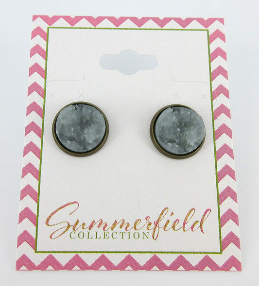 Antiqued Gold-tone Gray Faux Druzy Stone Stud Earrings 12mm