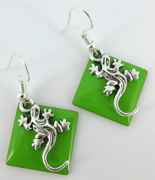 Silver-tone Green Enamel Gecko Lizard Charm Dangle Earrings