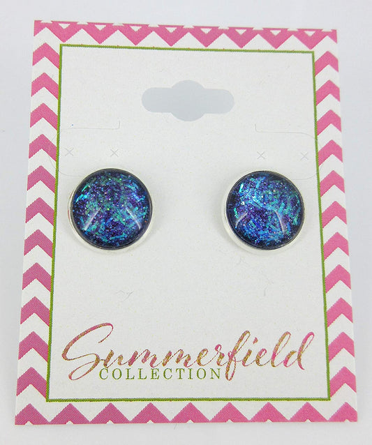 Silver-tone Purple and Blue Glitter Glass Stud Earrings Hand-painted 12mm