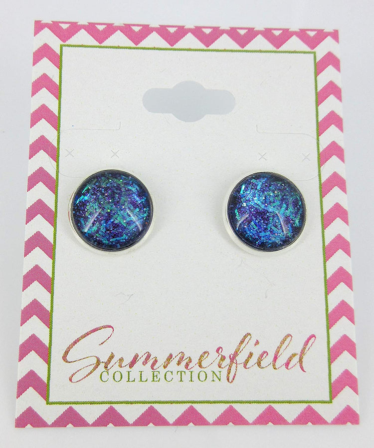 Silver-tone Purple and Blue Glitter Glass Stud Earrings Hand-painted 12mm