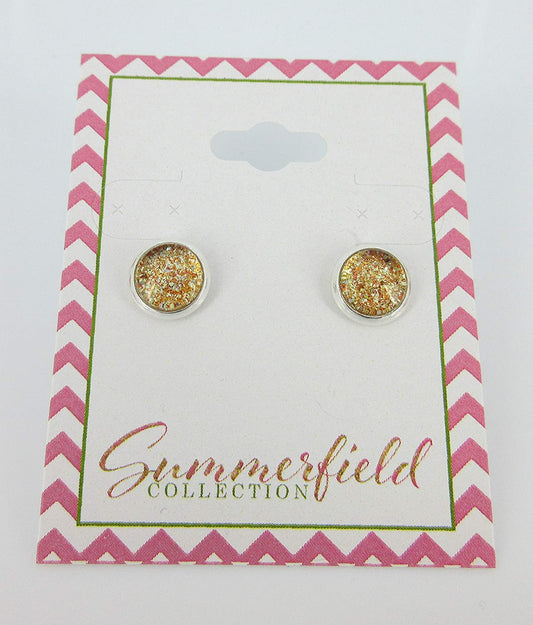 Silver-tone Orange Glitter Glass Stud Earrings Hand-painted 8mm
